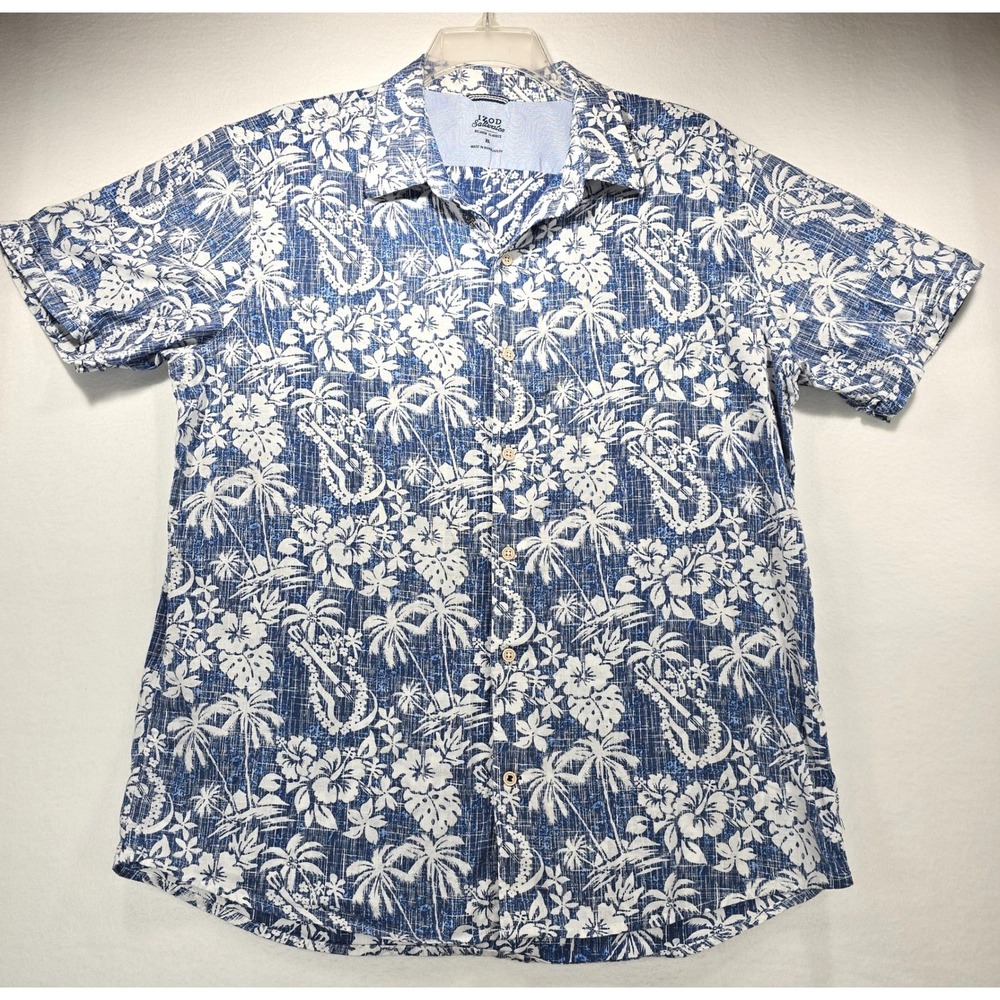 IZOD Saltwater Mens XL Blue Tropical Aloha Hibiscus Ukulele Button Down Shirt